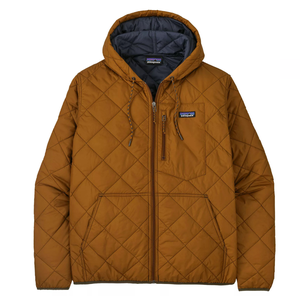 Patagonia Diamond Quilted Jacket is a hooded garment in brown with a quilted diamond pattern, featuring a front zipper, chest pocket, and side pockets.