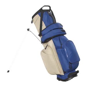 Blue and beige golf bag with multiple zippered pockets and a stand.