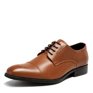 A brown leather men's dress shoe with a cap toe and black laces, featuring a low heel and sleek design, ideal for formal occasions.