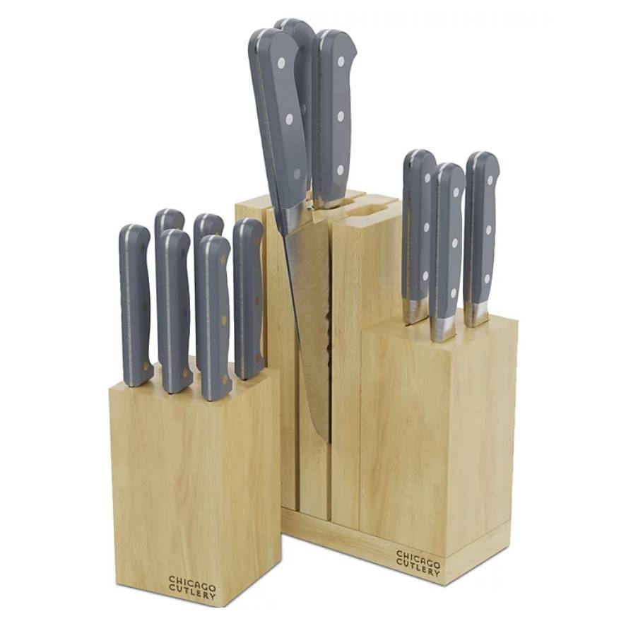 Chicago Cutlery 14pc Knife Set with wooden blocks includes a variety of knives with gray handles featuring a riveted design for kitchen tasks.
