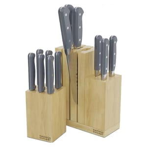 Chicago Cutlery 14pc Knife Set with wooden blocks includes a variety of knives with gray handles featuring a riveted design for kitchen tasks.