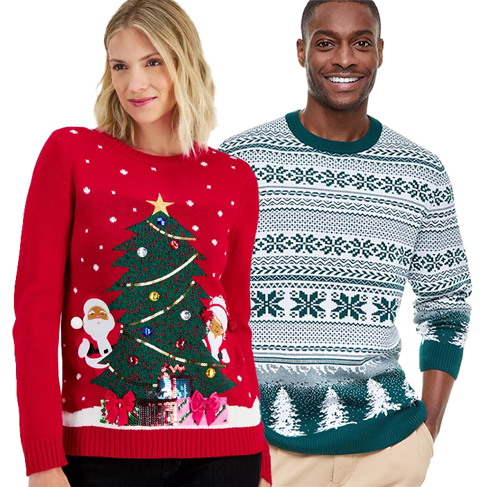 Two individuals are wearing Christmas-themed sweaters, one in red with a tree design and the other in green with snowflake patterns.