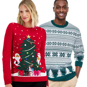 Two individuals are wearing Christmas-themed sweaters, one in red with a tree design and the other in green with snowflake patterns.