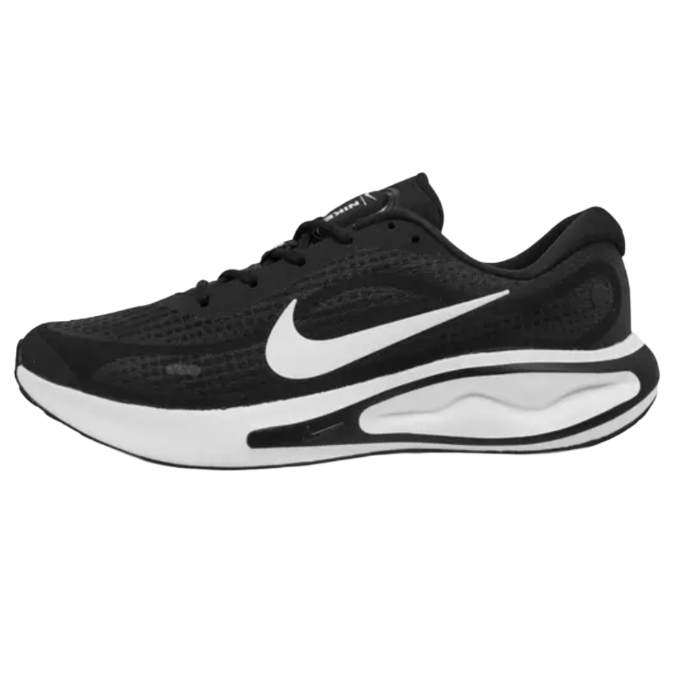 Black Nike running shoe with white swoosh and white sole featuring black accents.