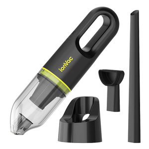 The Cordless Ion Hand Vacuum is a compact, handheld vacuum designed for easy cleaning. It includes a charging base, a crevice tool, and a brush attachment. Its sleek black and green design makes it portable and versatile for various cleaning tasks.