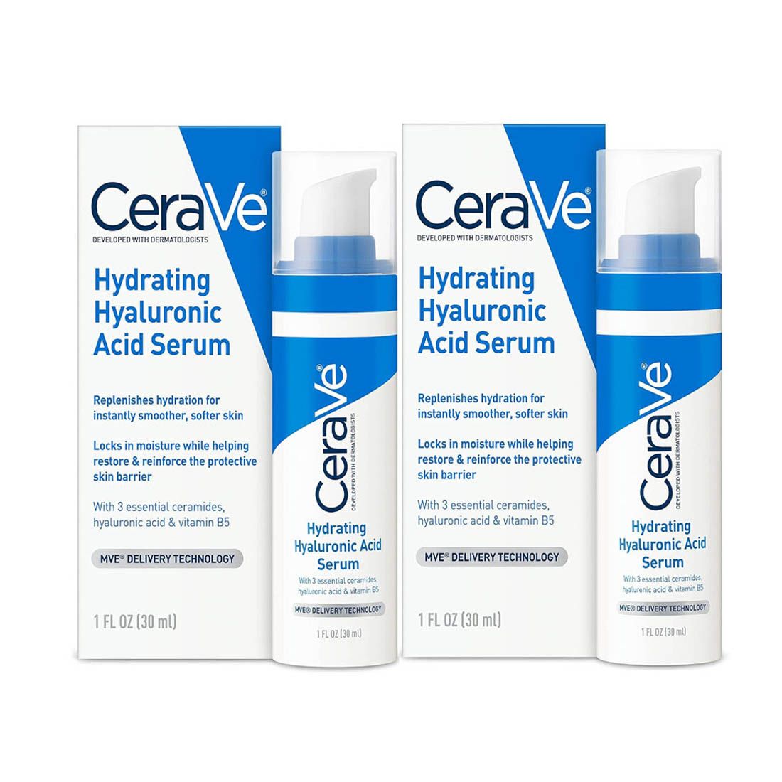 CeraVe Hydrating Hyaluronic Acid Serum 2-pack features 1 fl oz (30 ml) bottles. The serum replenishes hydration, locks in moisture, and helps reinforce the skin barrier with three essential ceramides, hyaluronic acid, and vitamin B5.