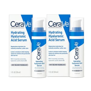 CeraVe Hydrating Hyaluronic Acid Serum 2-pack features 1 fl oz (30 ml) bottles. The serum replenishes hydration, locks in moisture, and helps reinforce the skin barrier with three essential ceramides, hyaluronic acid, and vitamin B5.