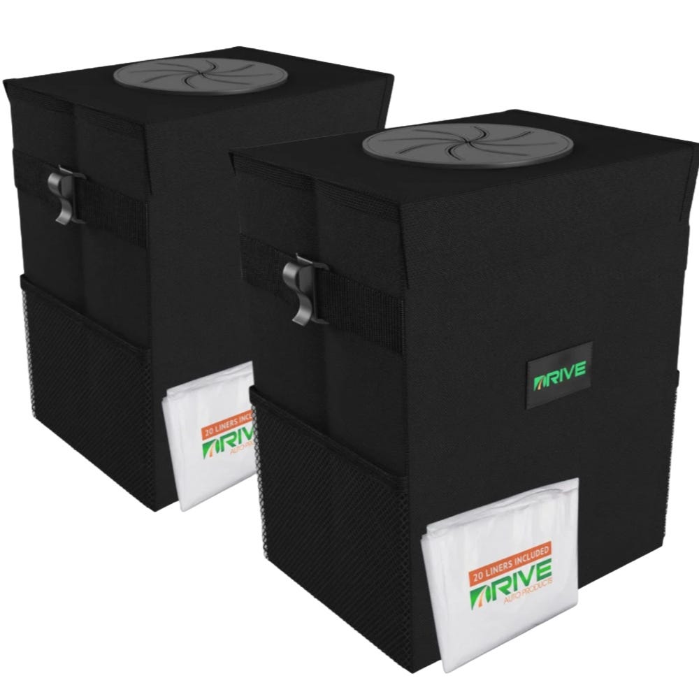 Two black rectangular car trash bags with a top opening and side pockets, branded as \“Rive Auto Products,\“ each accompanied by a pack of 20 liners.