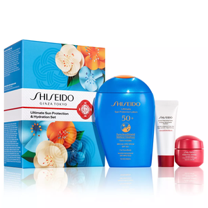 Shiseido sun protection and hydration set, with SPF 50+ sunscreen lotion, cleansing foam, and cream in branded packaging.