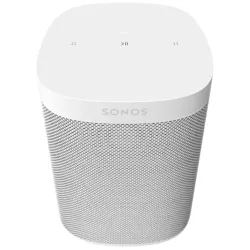 A compact white Sonos speaker with touch controls on top, featuring a minimalist design and mesh grille.