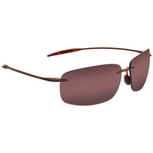 Maui Jim Breakwall sunglasses feature a rimless, wrap design with bronze-colored, rectangular lenses and thin brown arms. They offer a lightweight and modern look with adjustable nose pads for comfort.