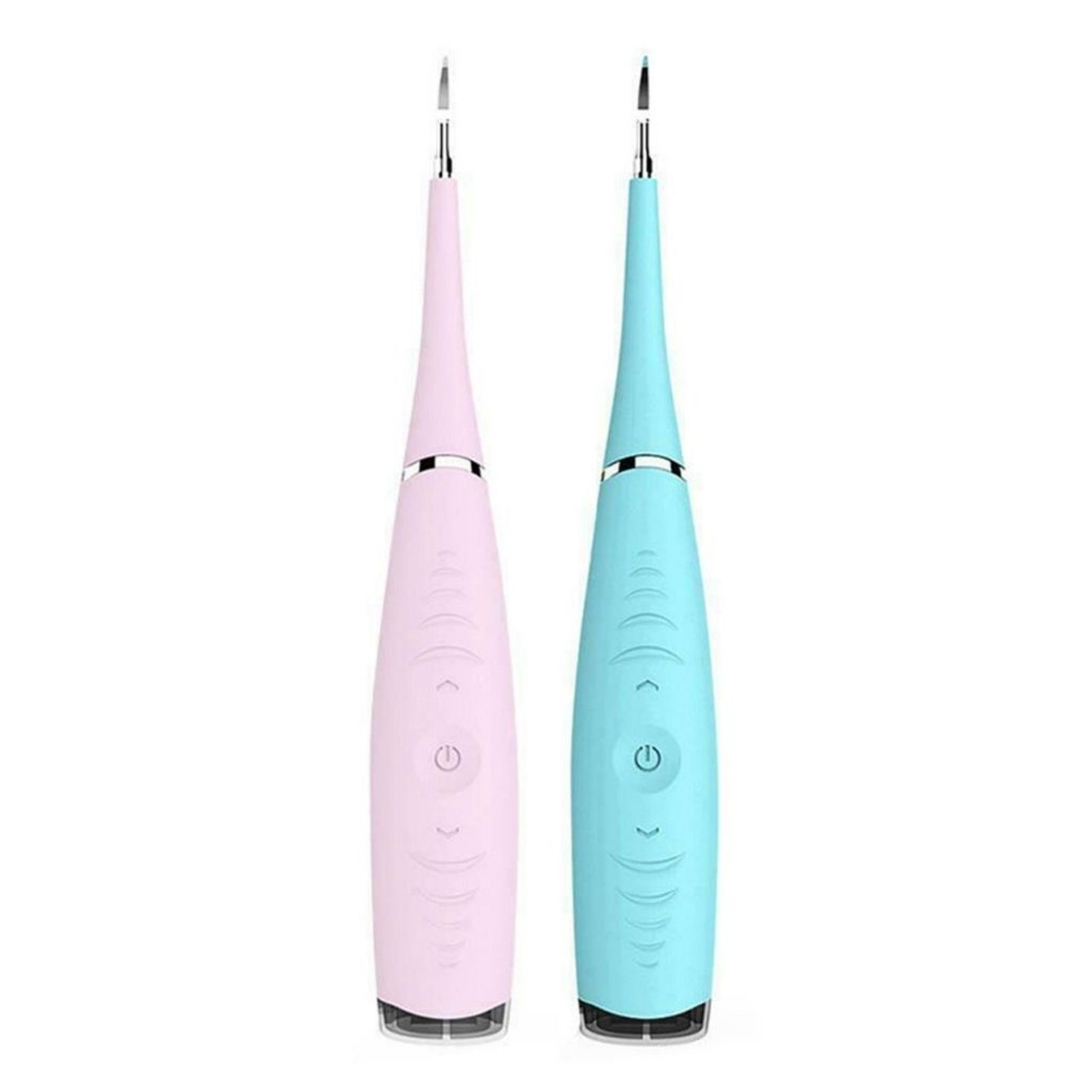 Two electric plaque removers in pink and blue with pointed tips for dental care.