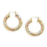 Gold, silver, and rose gold twisted hoop earrings with a latch-back closure showcase a tri-color design for a stylish and versatile accessory.