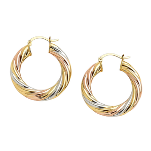 Gold, silver, and rose gold twisted hoop earrings with a latch-back closure showcase a tri-color design for a stylish and versatile accessory.
