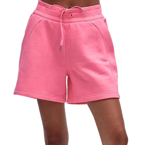Pink drawstring shorts with pockets and a relaxed fit.
