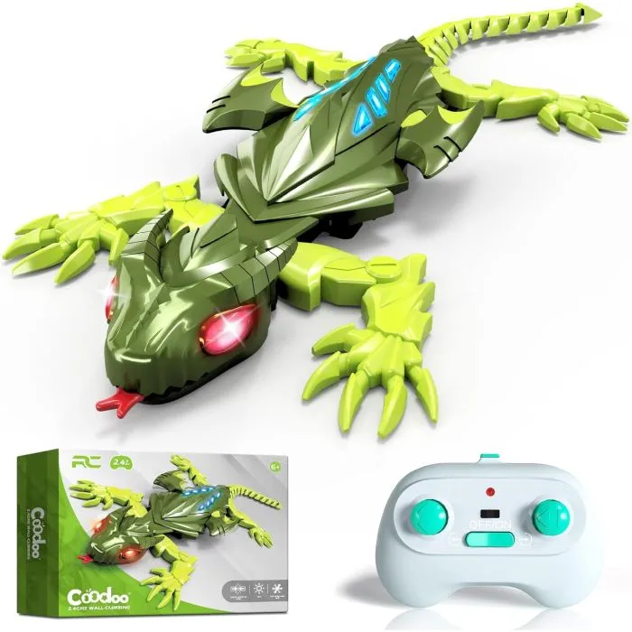 A remote-controlled robotic lizard in green with glowing red eyes, designed to resemble a lizard, accompanied by a controller and packaging showing a matching design.