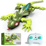A remote-controlled robotic lizard in green with glowing red eyes, designed to resemble a lizard, accompanied by a controller and packaging showing a matching design.