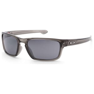 Sunglasses with a gray, rectangular frame and dark lenses, featuring the Oakley logo on the side.
