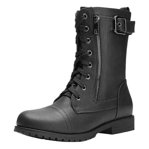 Black women's combat boot with lace-up front, side zipper, and decorative buckle near the top. Features a rugged sole and round toe design, offering a sturdy and stylish appearance.