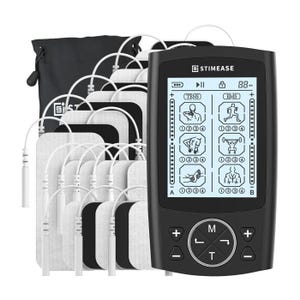A TENS and EMS device with multiple electrode pads and a storage bag, featuring various therapy modes and settings on its display.