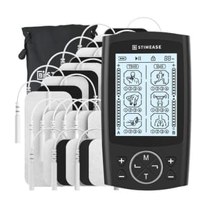 A TENS and EMS device with multiple electrode pads and a storage bag, featuring various therapy modes and settings on its display.