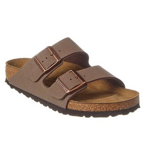 A pair of brown nubuck Birkenstock Arizona sandals featuring two adjustable straps with metal buckles and a contoured cork footbed.