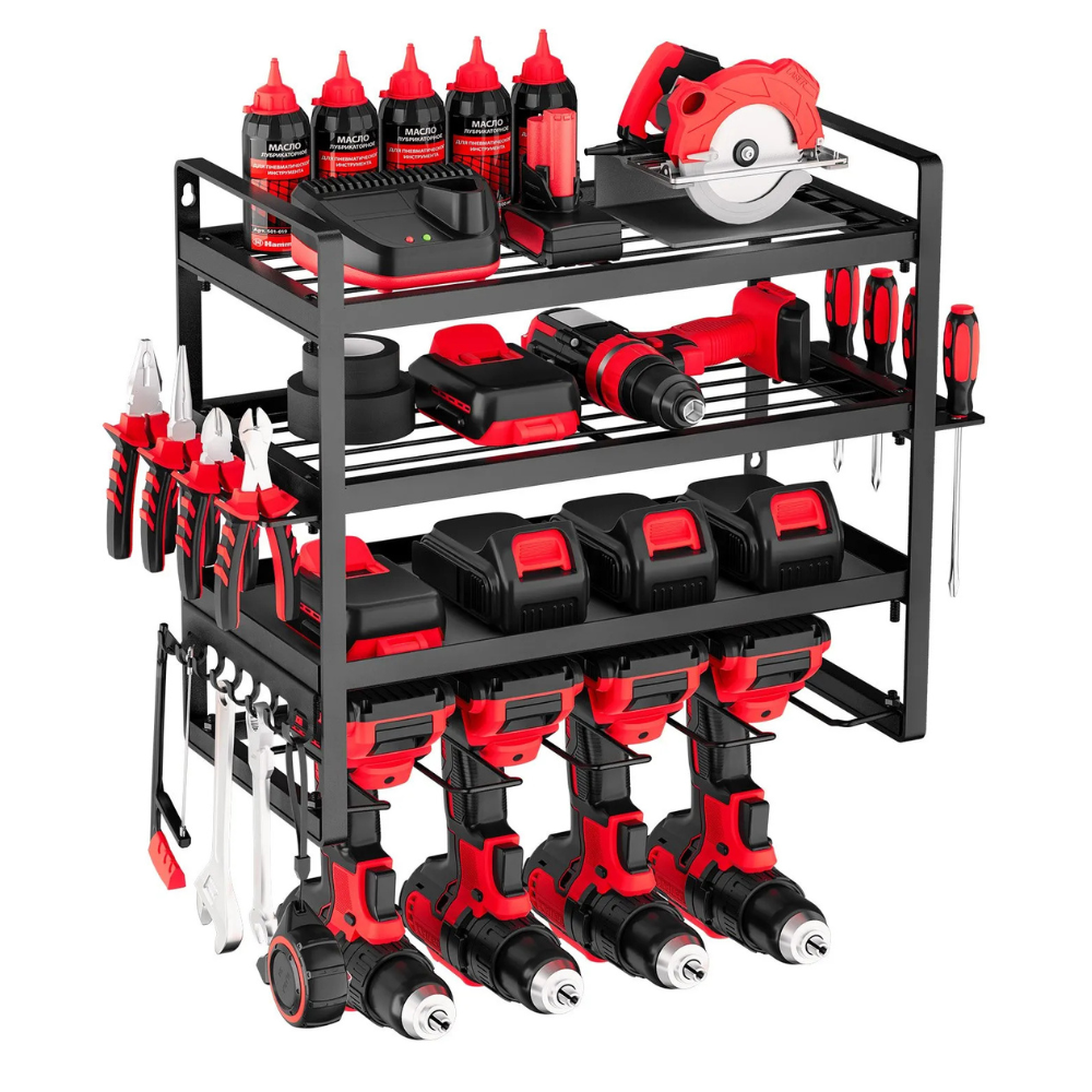 A black and red tool organizer holds power tools, screwdrivers, pliers, wrenches, drill batteries, and oil bottles on multiple shelves, including slots for drills and a space for a circular saw.