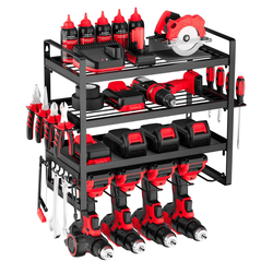 A black and red tool organizer holds power tools, screwdrivers, pliers, wrenches, drill batteries, and oil bottles on multiple shelves, including slots for drills and a space for a circular saw.