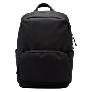 A sleek black backpack with a minimalist design, featuring a large main compartment, a front zippered pocket, and a top handle for easy carrying.