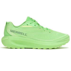 Bright green Merrell running shoe with mesh upper, cushioned sole, and lace-up design featuring \“Merrell\“ branding on the side.