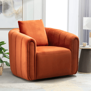 An orange velvety swivel chair with a plush cushion features a round shape and vertical channel tufting on the sides. It sits on a circular base, adding a modern touch to a cozy setting.