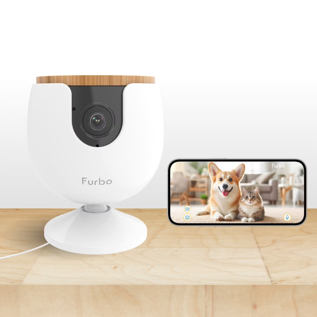 A Furbo pet camera is displayed next to a smartphone showing a corgi and a cat on the screen.
