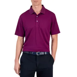 A man wears a purple short-sleeve polo shirt paired with black pants and a dark belt.