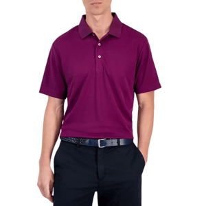 A man wears a purple short-sleeve polo shirt paired with black pants and a dark belt.