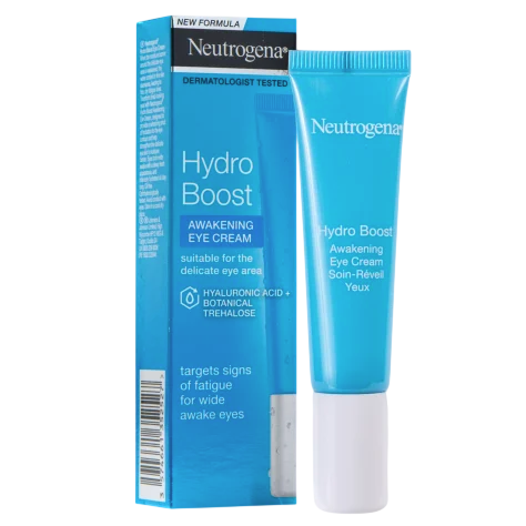Neutrogena Hydro Boost Awakening Eye Cream, suitable for delicate eye areas, contains hyaluronic acid and botanical trehalose to target signs of fatigue.