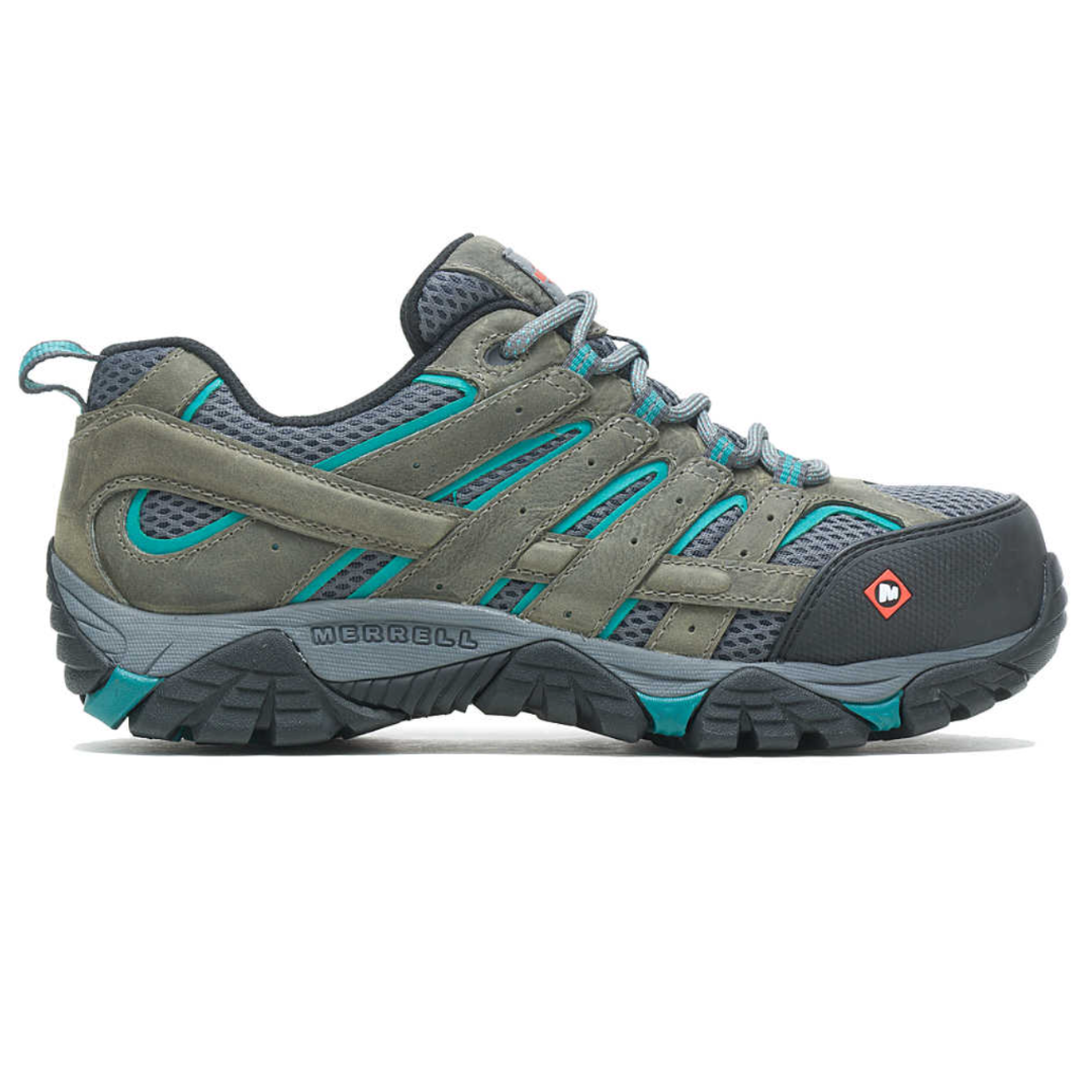 Gray and teal hiking shoe with sturdy tread, mesh upper, and leather accents designed for durability and comfort.