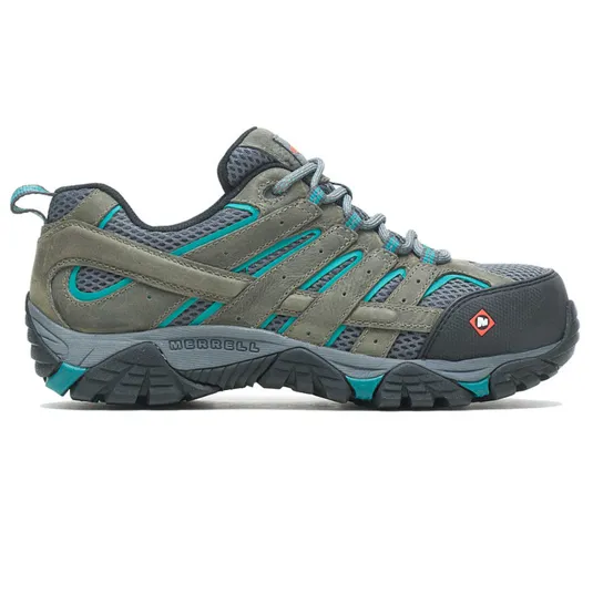 Gray and teal hiking shoe with sturdy tread, mesh upper, and leather accents designed for durability and comfort.