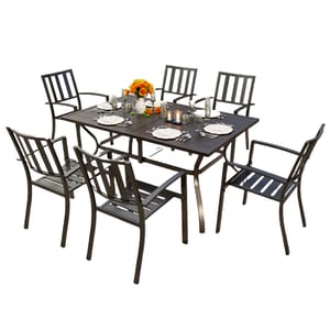 7-piece metal patio dining set includes a rectangular table and six chairs with slatted backs and seats. The table is set with white plates, silverware, glassware, and a floral centerpiece.