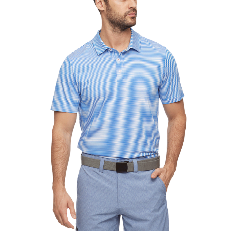 A man wears a blue striped short-sleeve polo shirt with a collar and three buttons, paired with light blue shorts and a gray belt.