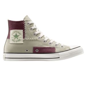 Converse Chuck Taylor All Star high-top sneaker with a patchwork design, featuring beige and maroon fabric, white laces, and green branding.
