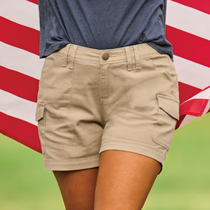 Khaki cargo shorts with belt loops, front button closure, side pockets, and a blue shirt above.