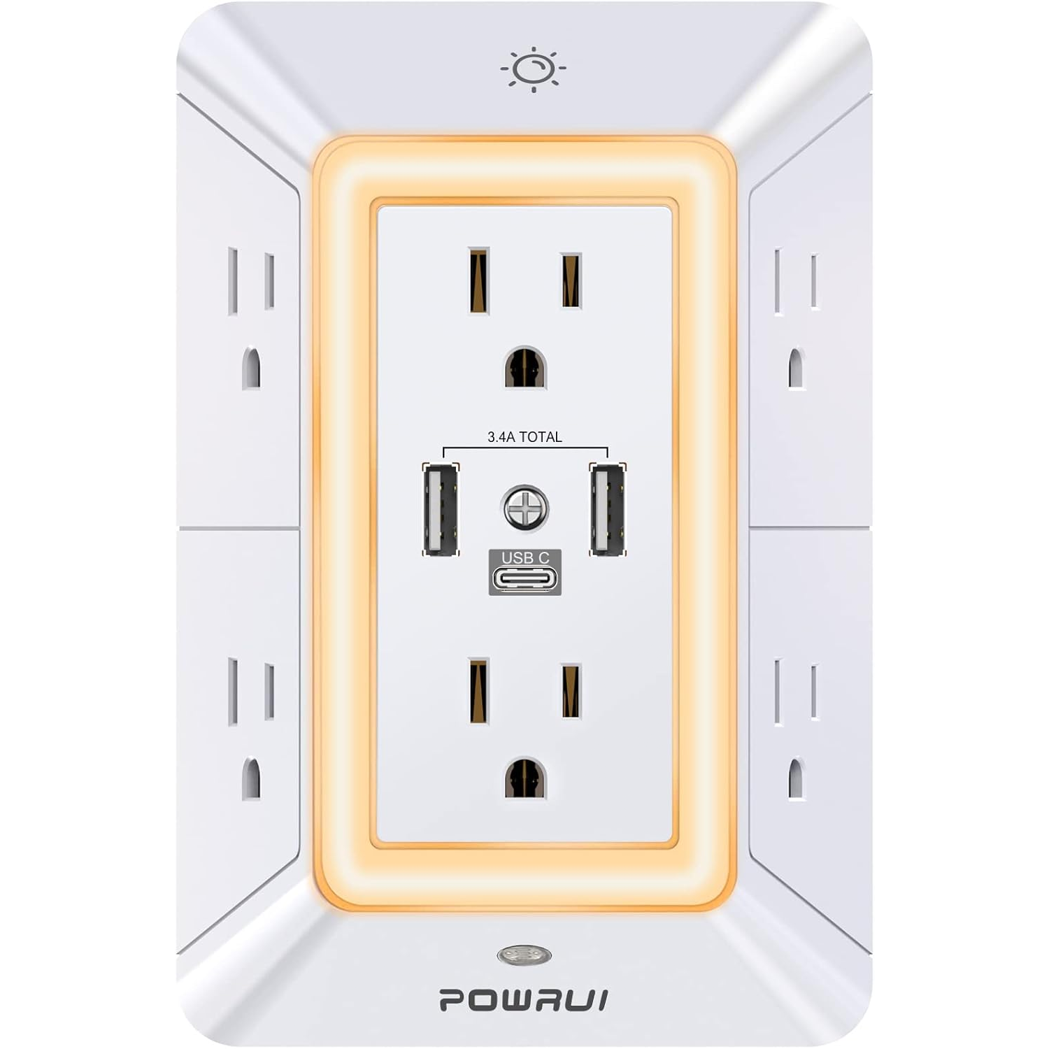 Wall outlet with six AC sockets, two USB-A ports, and one USB-C port (3.4A total) featuring a night light with an ambient glow.