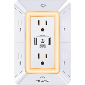 Wall outlet with six AC sockets, two USB-A ports, and one USB-C port (3.4A total) featuring a night light with an ambient glow.
