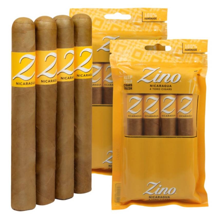 Eight Zino Nicaragua cigars are displayed with three in clear packaging and five loose, showcasing their tan wrappers and uniform cylindrical shape.