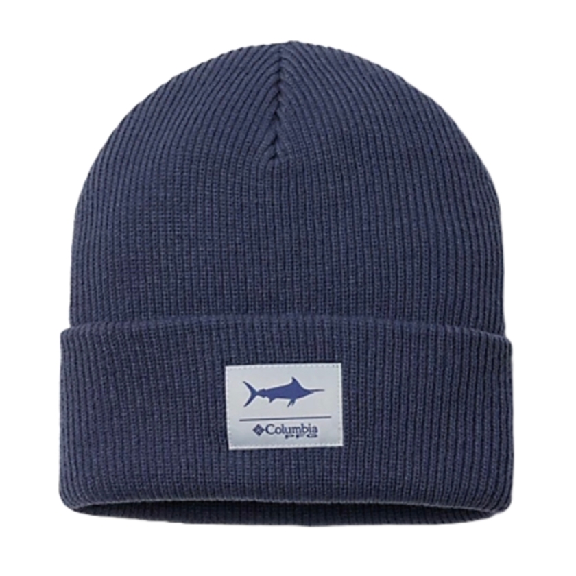 A navy blue ribbed beanie featuring a patch with a shark silhouette and \“Columbia\“ logo.