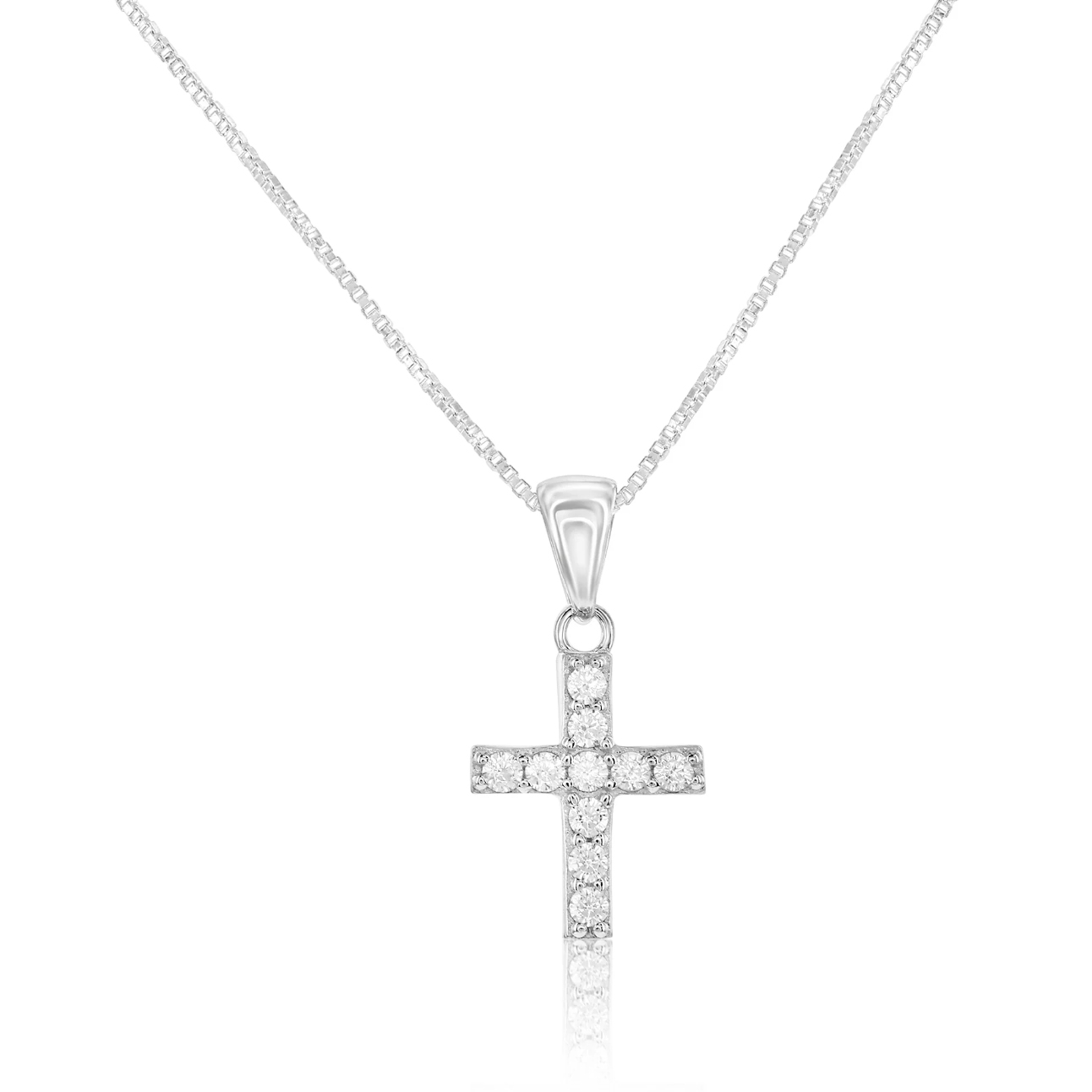 A silver necklace features a small cross pendant adorned with clear crystals, hanging from a fine chain.