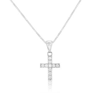 A silver necklace features a small cross pendant adorned with clear crystals, hanging from a fine chain.