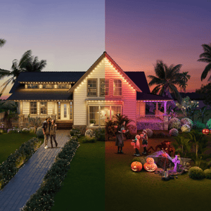 A house is decorated for Halloween on the right with pumpkins, spider webs, and purple lights, while the left side shows a normal evening setting with warm white lights.