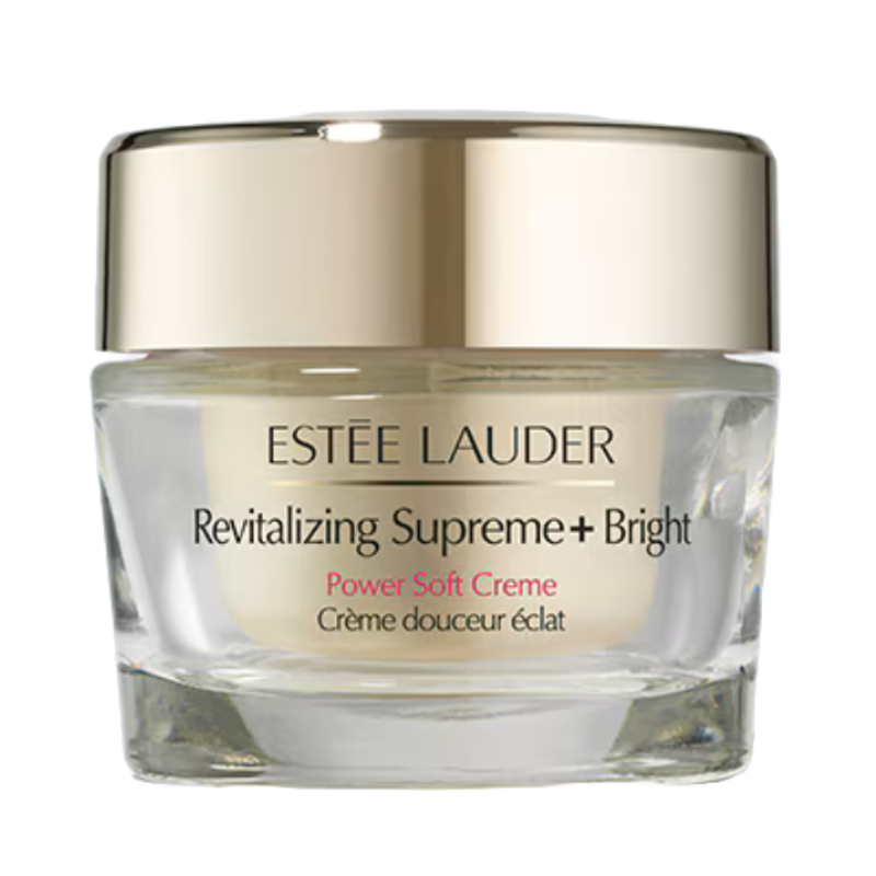 Estée Lauder Revitalizing Supreme+ Bright Power Soft Creme is a facial moisturizer designed to enhance radiance and provide nourishment. The luxurious cream comes in a glass jar with a gold lid.