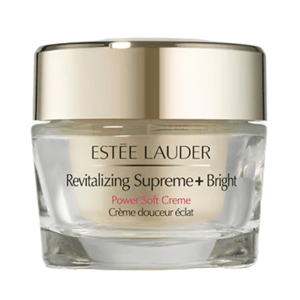 Estée Lauder Revitalizing Supreme+ Bright Power Soft Creme is a facial moisturizer designed to enhance radiance and provide nourishment. The luxurious cream comes in a glass jar with a gold lid.